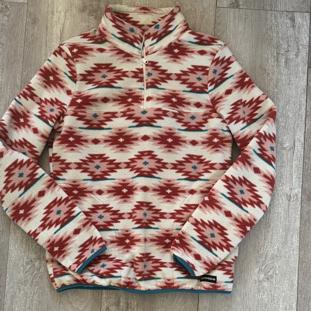 Zip Up Sweater with Red and White Pattern